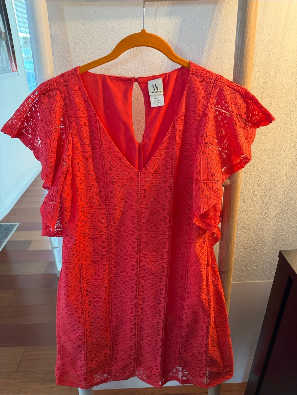 Wrapper Coral-Red Lace V-Neck Beach Coverup